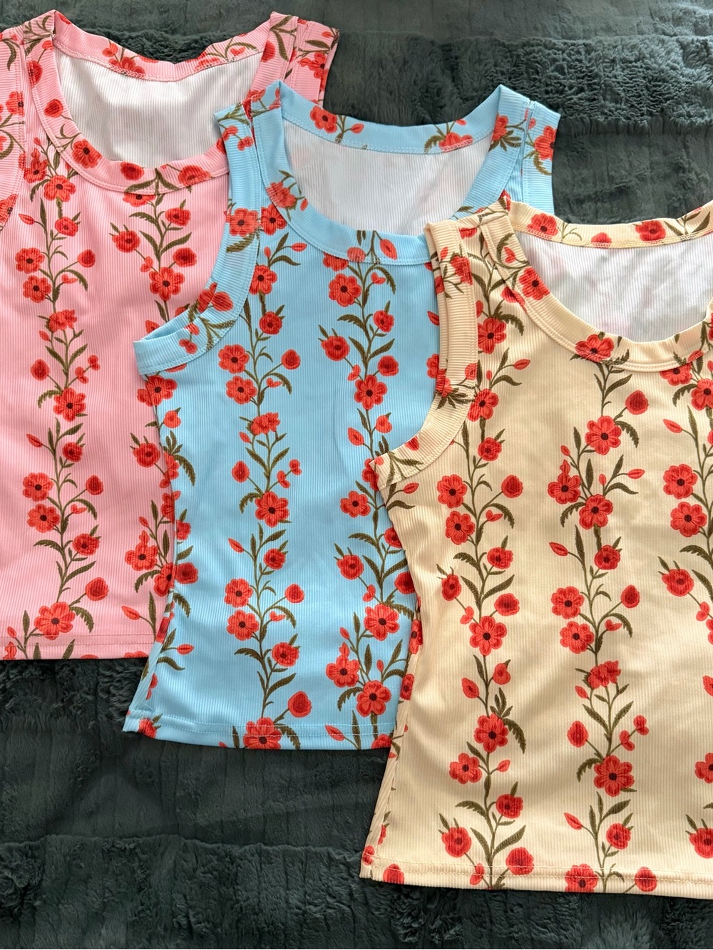 Floral Ribbed Tank Top - Red Floral on Blue/Pink/Cream